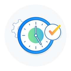 Time Management Icon, Productivity and Task Completion Symbol. Blue Clock with Checkmark Icon.