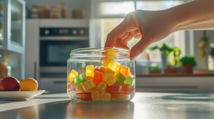 Close up of colorful multivitamin gummies in a glass jar for health and wellness concept