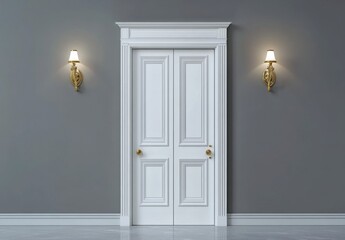 Regal Entrance: A Classic White Double Door with Gold Trim
