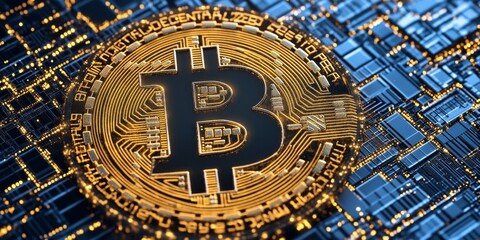 Fototapeta premium Close-up of a Bitcoin symbol illuminated against a background of abstract digital circuitry