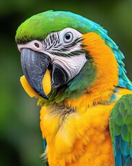 Fototapeta premium Macaw Parrot Enjoying a Fruit Treat - A colorful Macaw biting into a juicy mango slice
