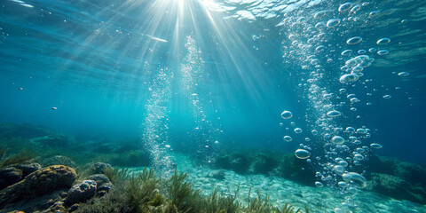 Fototapeta premium Bubbles ascend in a vibrant underwater scene filled with plants and rocks, illuminated by sun rays filtering through the water's surface during midday