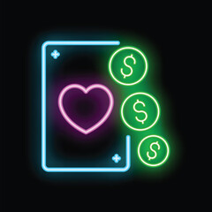 Neon glowing icon of ace of hearts playing card with dollar coins, representing casino games, gambling, and betting