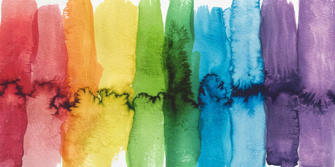 Naklejka premium Vibrant watercolor rainbow stripes with seamless transitions from red to purple. Vertical hand-painted design features textured brushstrokes, soft blended edges, and varied saturation for expressi