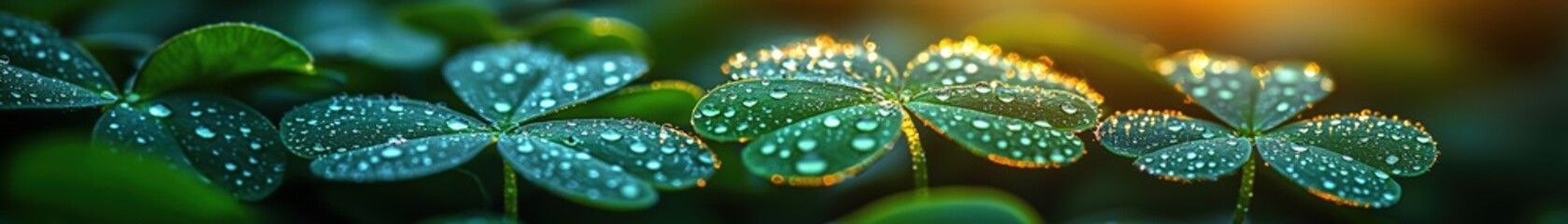 Close-up of Several Green Clover Leaves with Water Droplets Creating a Sparkling Effect. The Blurred Background Highlights the Beauty and Freshness of the Plants