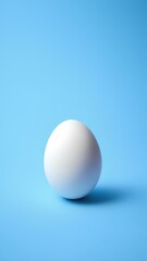 Fototapeta premium One white egg isolated on a light blue background with space for text, seated vertically. Minimalist design.