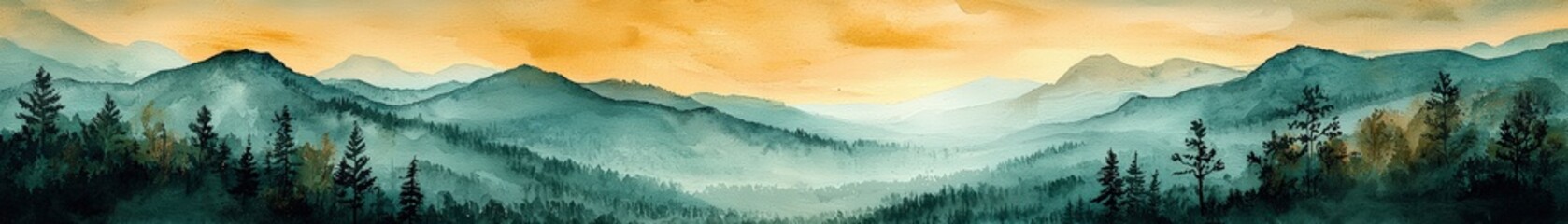 Naklejka premium A Painting with Layers of Mountains in Shades of Orange, Yellow, and Green, Creating Depth and Distance. The Sky is Painted in Warm Hues of Orange and Yellow