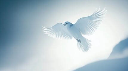 Fototapeta premium White dove soaring, snowy mountains background, peace symbol, spiritual imagery
