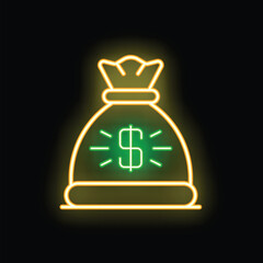 Neon sign in the shape of a money bag is glowing on a black background