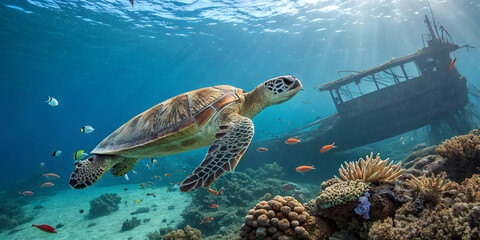 Fototapeta premium A sea turtle glides through clear blue waters, exploring vibrant coral reefs alongside a sunken shipwreck. Colorful fish swim around, creating a lively underwater ecosystem