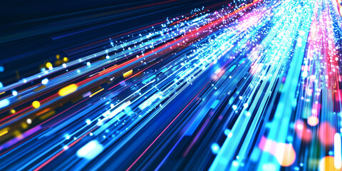 Night city street lights. Traffic light trails speed motion. Website banner design digital art. Abstract long exposure blue dark background