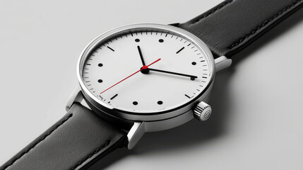 A stylish minimalist watch rests on a smooth surface. The design features a white face with black markers and hands, while the black leather strap adds sophistication and comfort