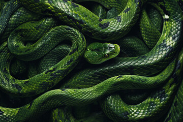 Fototapeta premium Green snake texture background. Close-up of green snake pattern. Reptile and wildlife concept. Generative AI