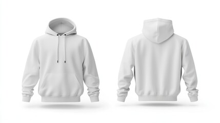 White hoodie mockup, front and back views, on white background, for apparel design