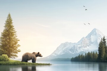Grizzly Bear by Mountain Lake - A majestic grizzly bear stands on a tranquil lakeshore, with a snow-capped mountain range and lush evergreen trees in the background.  Serene nature scene.