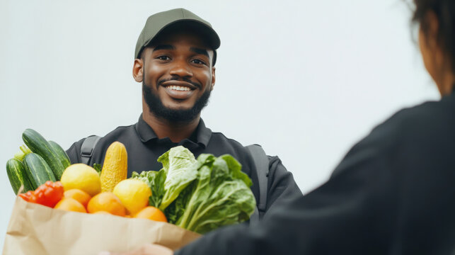 Friendly courier delivering fresh groceries to customer