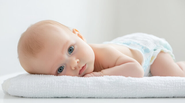 Close-up of baby resting on changing table for infant care and nursery decor
