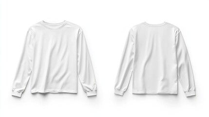White long-sleeve shirt mockup, front and back views, on white background, for apparel design