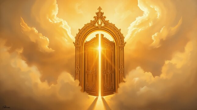 Heavenly gates opening with radiant light and clouds for fantasy artwork and illustrations