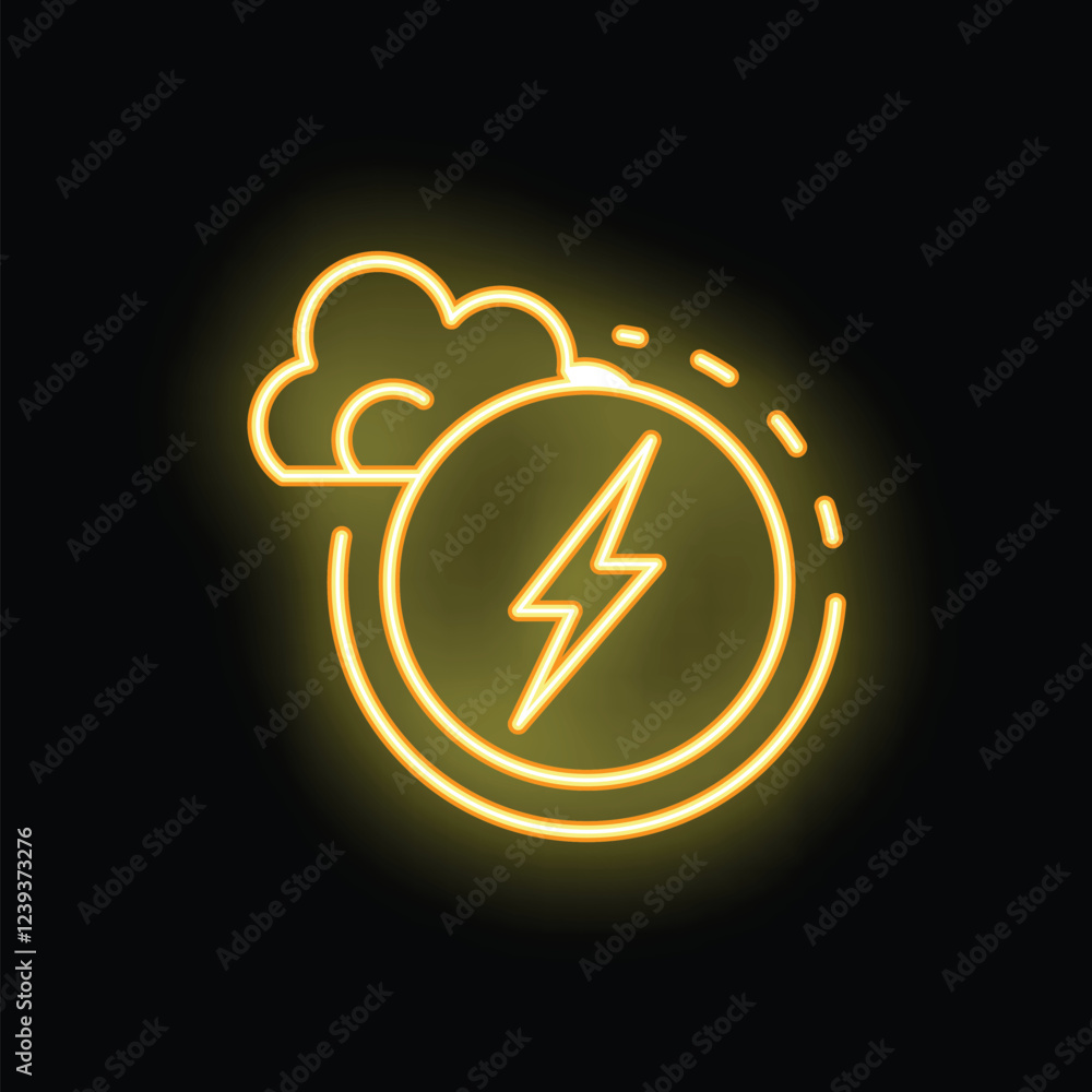 Poster neon icon of a cloud computing system receiving power from a lightning bolt