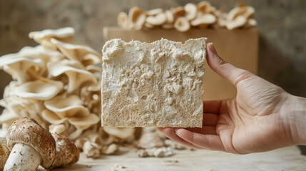 Sustainable innovation: hand holding biodegradable material with mushrooms for eco-friendly design