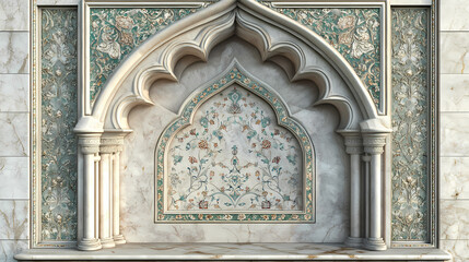 Ornate mihrab prayer niche with intricate floral design and detailed tile work on a marble background. Architectural Style. Illustration