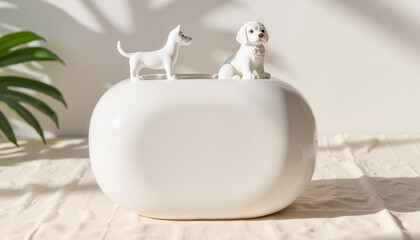Decorative white dog figurines on a minimalist vase