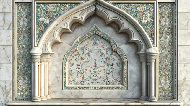 Ornate mihrab prayer niche with intricate floral design and detailed tile work on a marble background. Architectural Style. Illustration