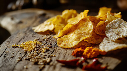 Close up of probiotic chips with natural spices arrangement for healthy snacking