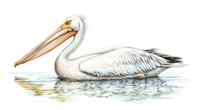 White Pelican floats calmly on lake; nature illustration