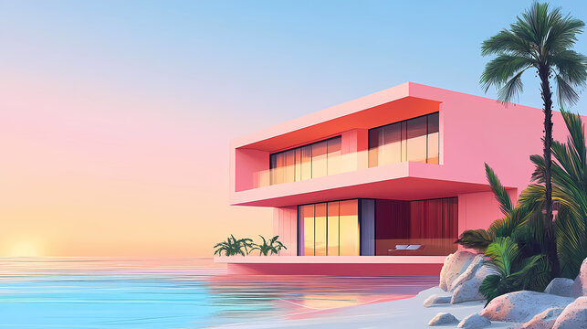 Pink modern house on ocean, minimalist design. Architectural Style. Illustration