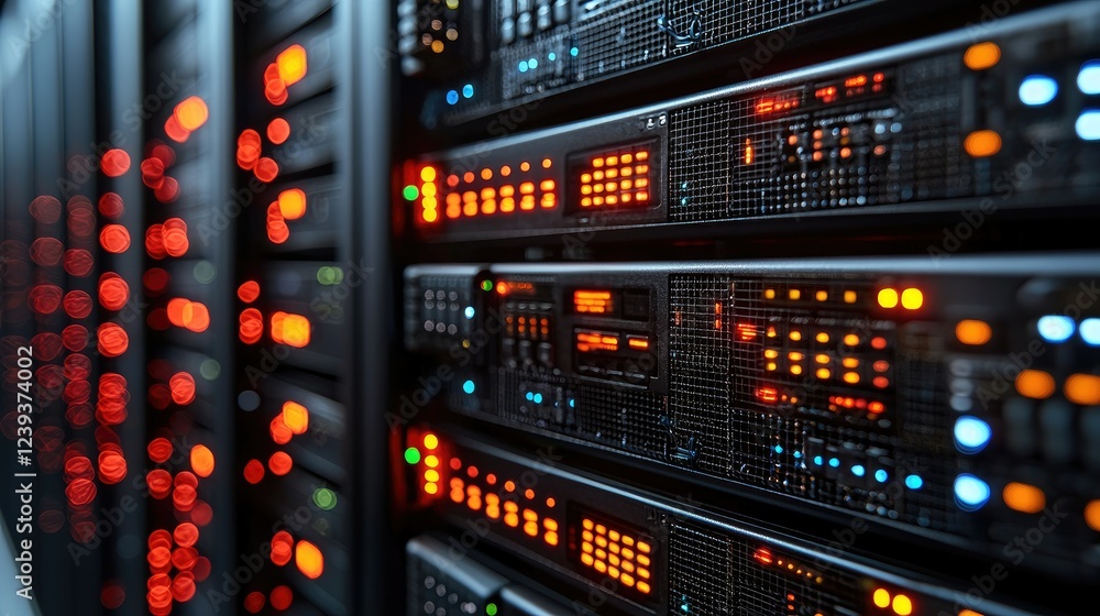 Poster illuminated server racks in a modern data center