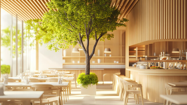 Restaurant with tree in wooden organic modern architecture style interior design. Architectural Style. Illustration