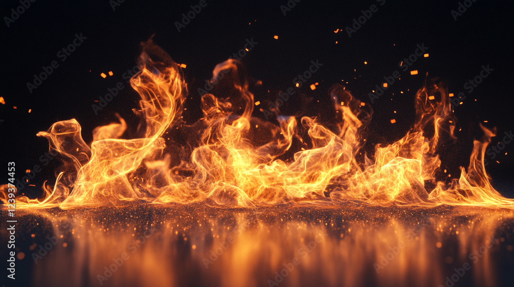 Poster dancing flames creating a mesmerizing display in a dark environment with smoke and embers surroundin
