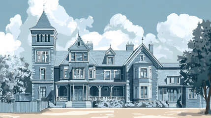 Victorian era school building with intricate architectural details. Architectural Style. Illustration