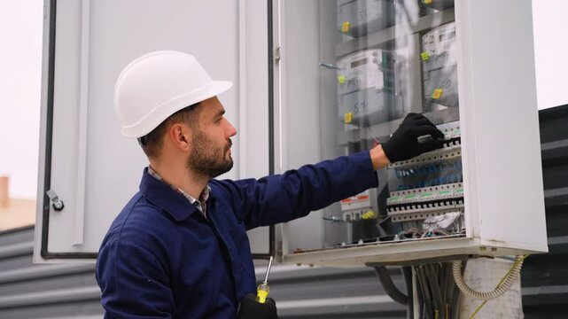Electrician working on outdoor electrical panel