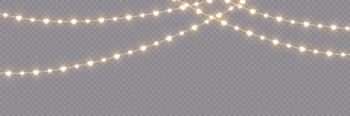 Valentine’s Day heart garland with glowing LED fairy lights, isolated on a transparent background. A stunning vector illustration featuring seamless heart-shaped light bulbs forromantic festive