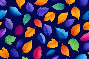 Colorful Autumn Leaves Pattern - Vibrant multicolored leaves scattered on a deep blue background, creating a lively autumnal design. Perfect for various applications.