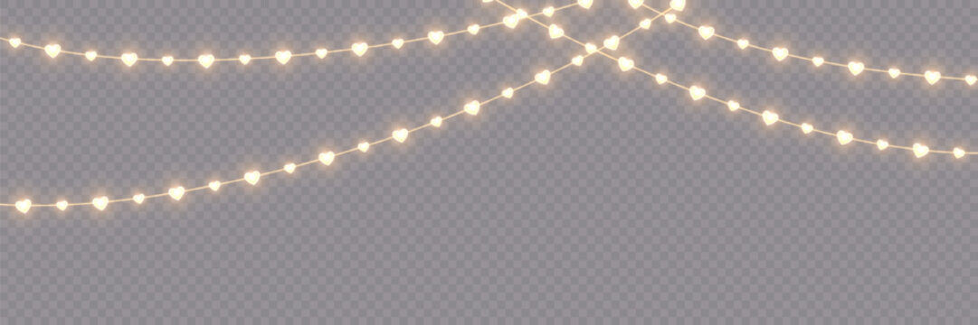 Valentine’s Day heart garland with glowing LED fairy lights, isolated on a transparent background. A stunning vector illustration featuring seamless heart-shaped light bulbs forromantic festive