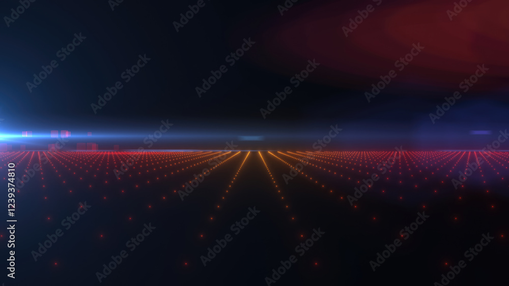 Poster a neon purple and blue glowing digital grid with futuristic elements representing virtual reality an