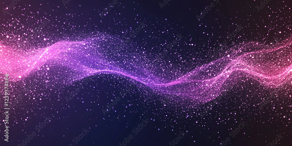 Poster shining particles create a mesmerizing wave pattern in a vibrant display of colors against a dark ba