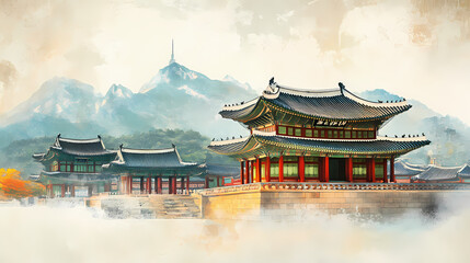 Fototapeta premium Vintage painting of gyeongbokgung palace rooftops in traditional korean architecture style. Architectural Style. Illustration