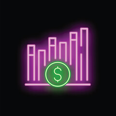 Neon sign showing increasing bars and a dollar coin, representing business success