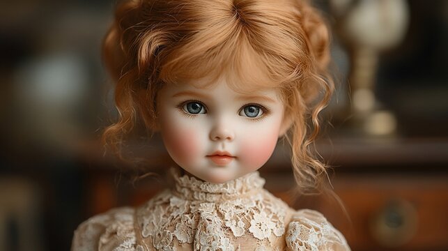 Portrait of a porcelain doll with curly auburn hair and lace dress.