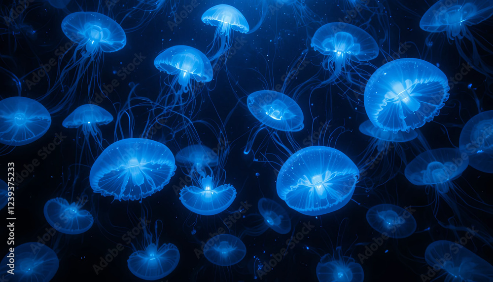 Poster luminous blue jellyfish float effortlessly in the dark ocean, their tentacles trailing behind them. 