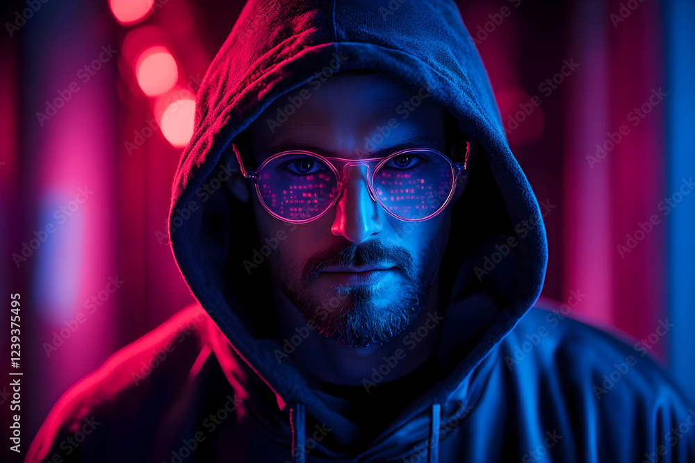 Poster mysterious man in a hoodie with neon reflections on glasses, symbolizing hacking or cybercrime in a 