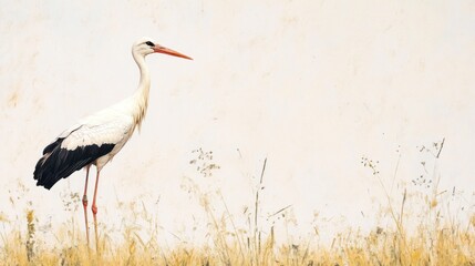 Obraz premium White stork in tall grass, nature background, wildlife photography, postcard design