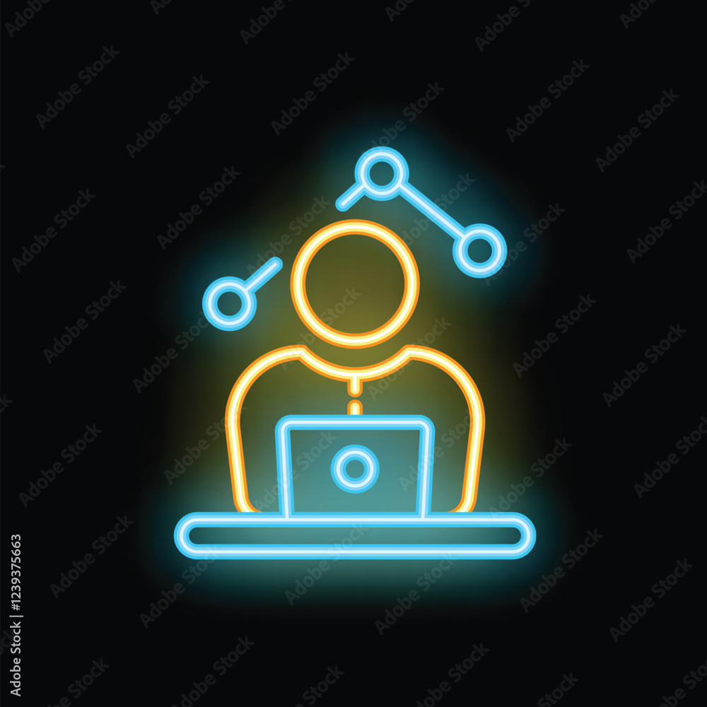 Poster neon sign depicting a person using a laptop computer, with connection icons overhead, representing r
