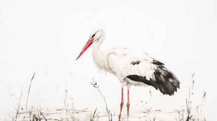 White stork wading in misty marsh. Nature wildlife photography for websites or print