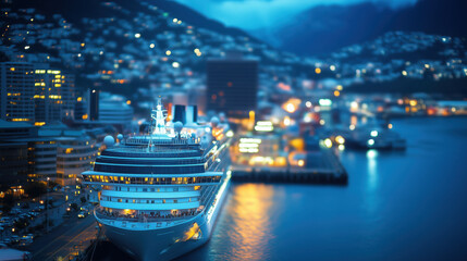 Obraz premium Luxury Cruise Ship Docked at a Bustling Port with Vibrant City Lights and Distant Mountains Illuminating a Stunning Evening Panorama